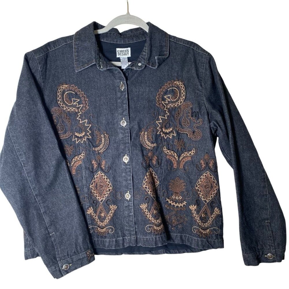 Chico's Denim Jacket Womens‎ Size 2 US M Embroidered Lined Button Up